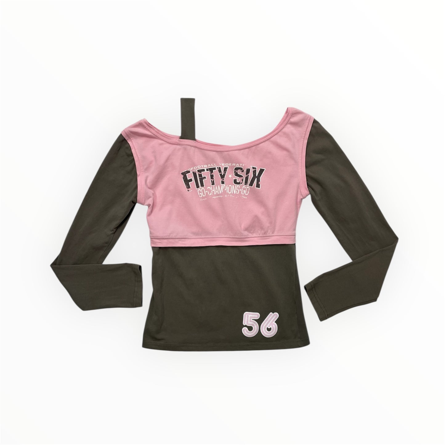Y2K Sweety Contrast Long Sleeve Top - Pink & Khaki Graphic “Fifty Six”