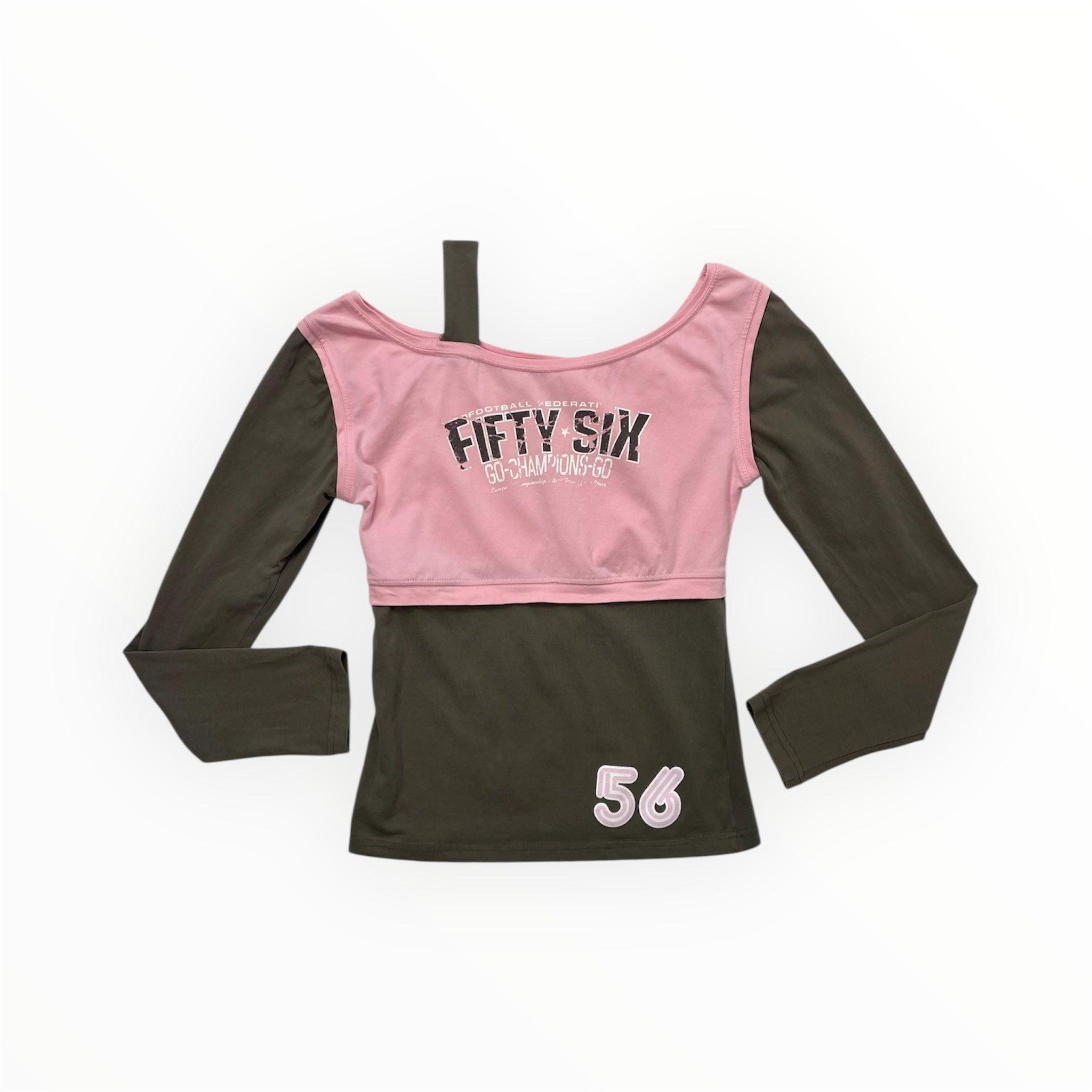 Y2K Sweety Contrast Long Sleeve Top - Pink & Khaki Graphic “Fifty Six”