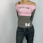 Y2K Sweety Contrast Long Sleeve Top - Pink & Khaki Graphic “Fifty Six”