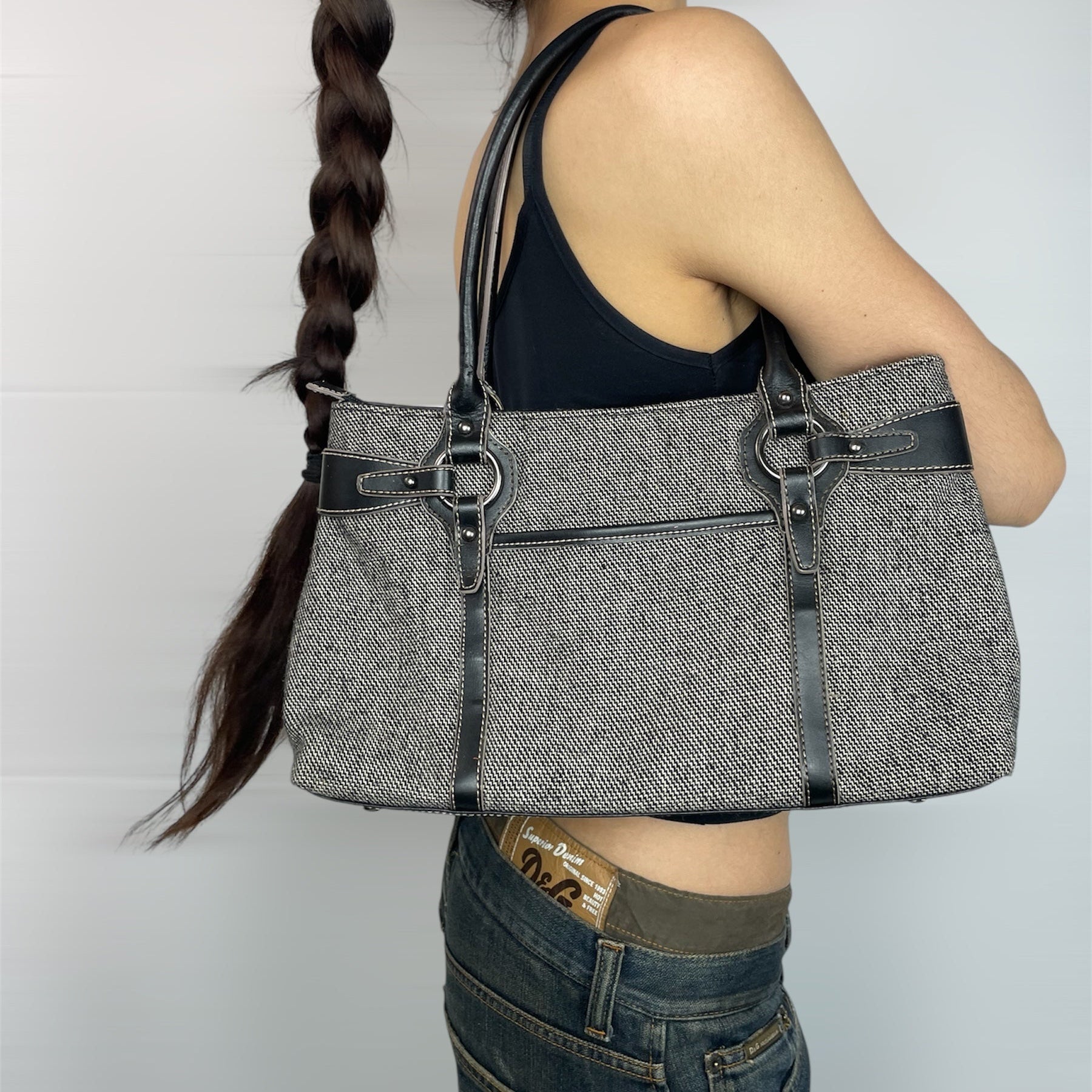 Vintage Black & Grey Canvas Tote Bag From Japan