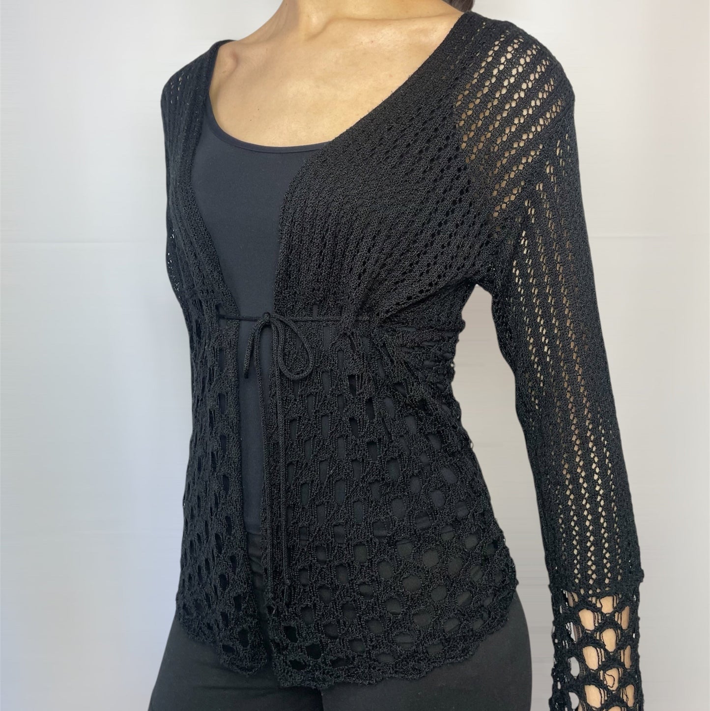 Miss Foxy Express Y2K Black Crochet Tie-Front Cardigan | UK 8