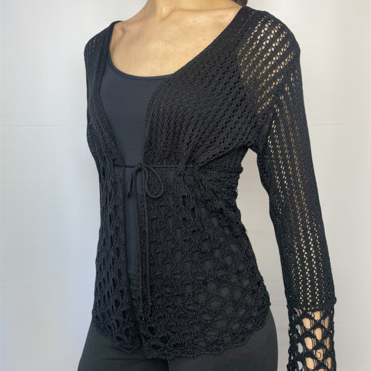 Miss Foxy Express Y2K Black Crochet Tie-Front Cardigan | UK 8