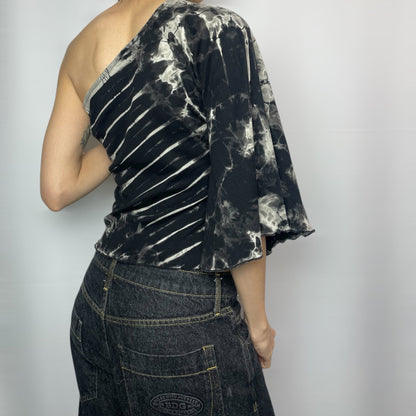 Y2K PornPhant One-Shoulder Tie-Dye Bell Sleeve Top UK 6–8