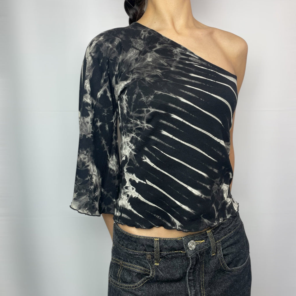 Y2K PornPhant One-Shoulder Tie-Dye Bell Sleeve Top UK 6–8