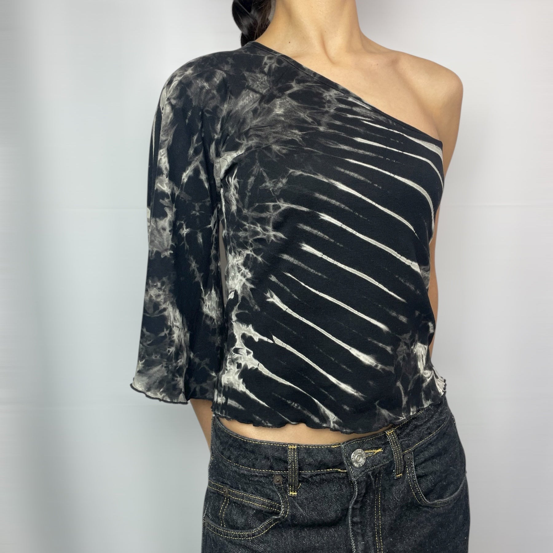 Y2K PornPhant One-Shoulder Tie-Dye Bell Sleeve Top UK 6–8