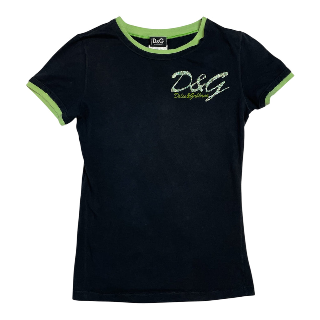 Y2K D&G by Dolce & Gabbana Black & Lime Trim Logo Tee | UK 6–8