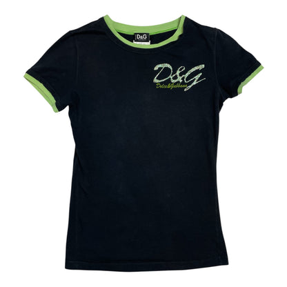 Y2K D&G by Dolce & Gabbana Black & Lime Trim Logo Tee | UK 6–8