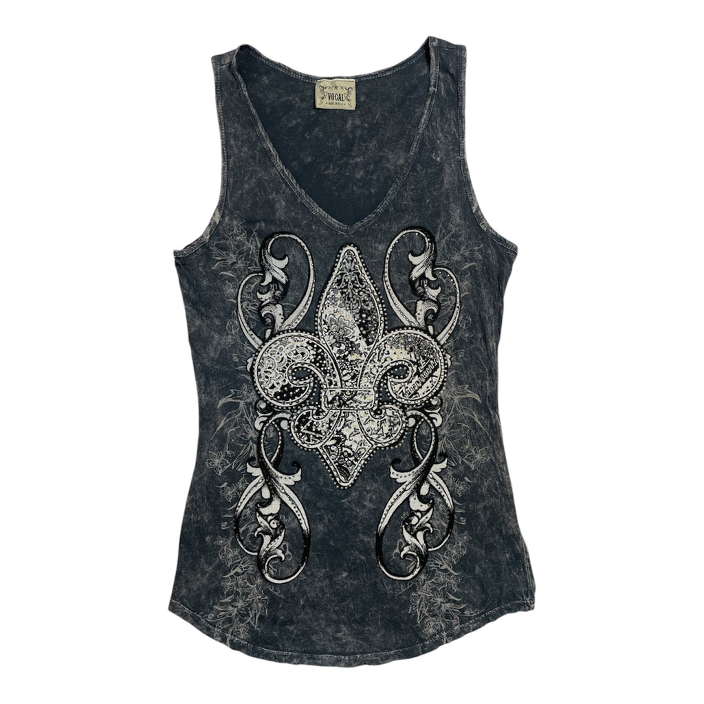 Y2K Vocal USA Rhinestone Fleur-de-Lis Acid Wash Tank | UK 8–10