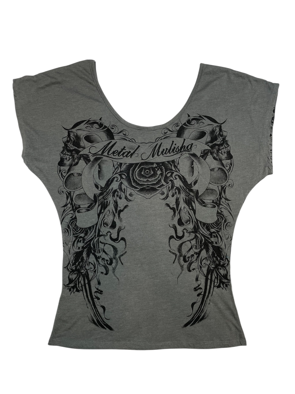 Y2K Metal Mulisha Skull & Rose Batwing Graphic Tee | UK 10-12