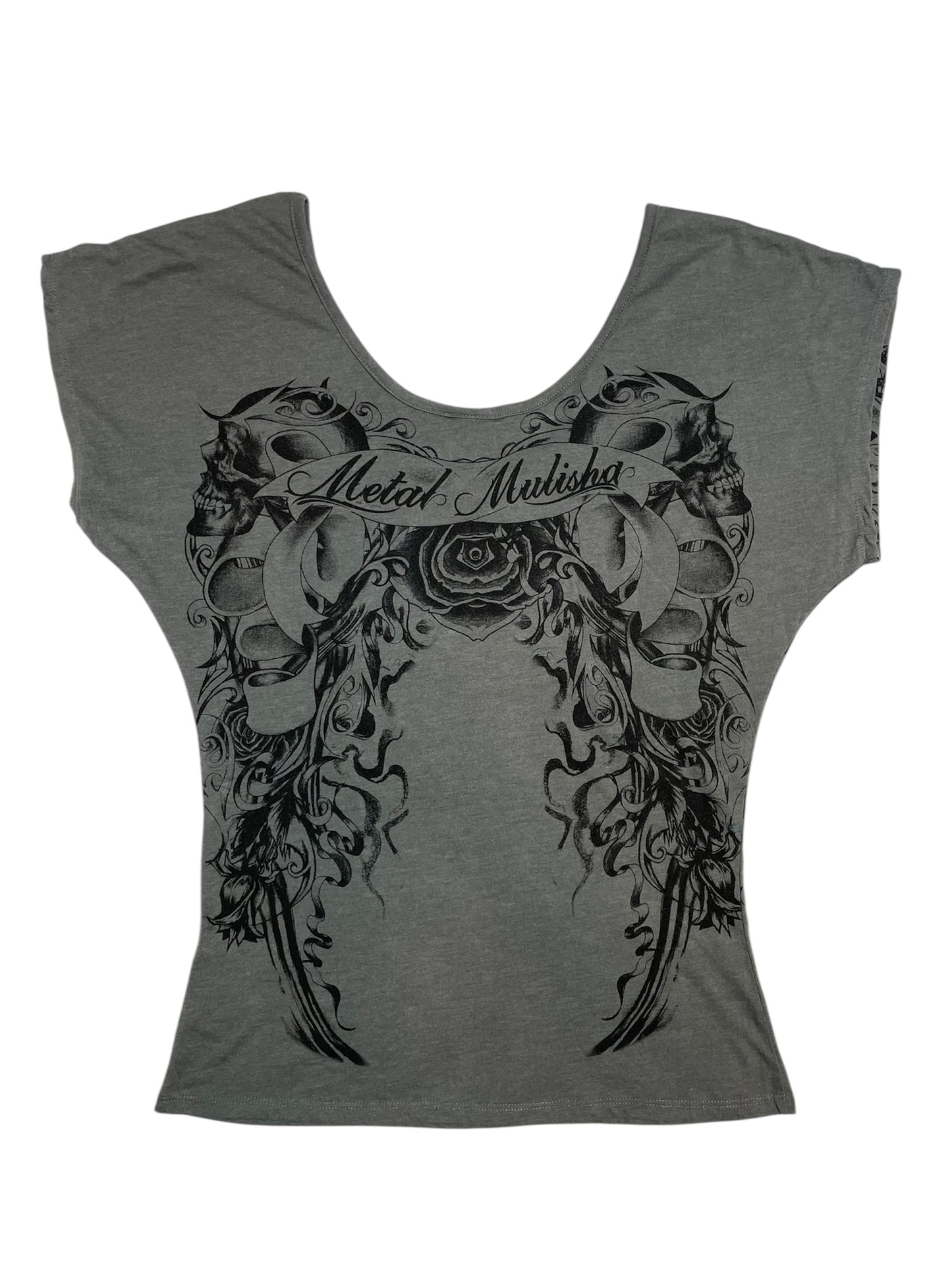 Y2K Metal Mulisha Skull & Rose Batwing Graphic Tee | UK 10-12