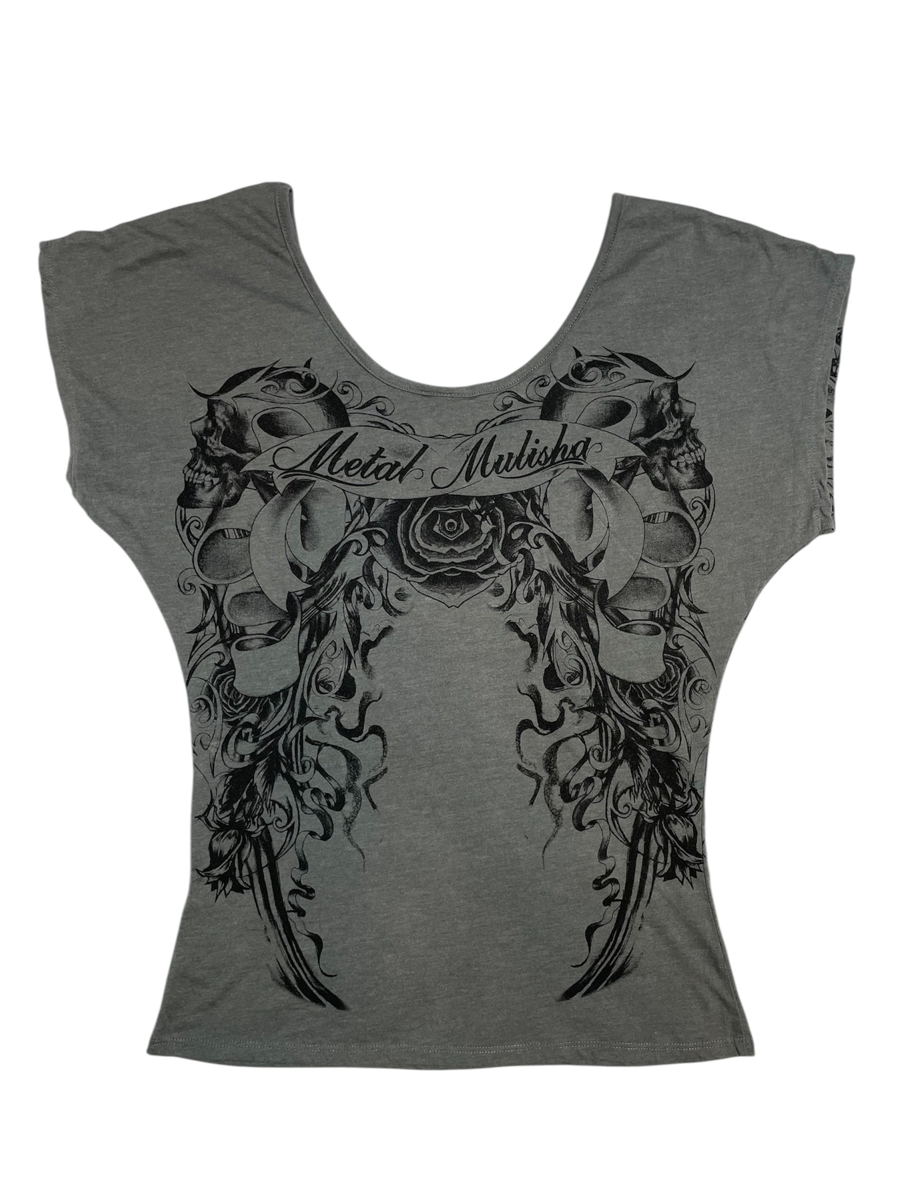 Y2K Metal Mulisha Skull & Rose Batwing Graphic Tee | UK 10-12
