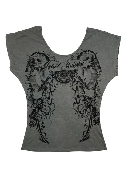 Y2K Metal Mulisha Skull & Rose Batwing Graphic Tee | UK 10-12