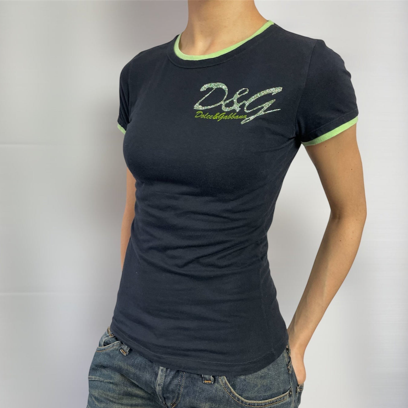Y2K D&G by Dolce & Gabbana Black & Lime Trim Logo Tee | UK 6–8