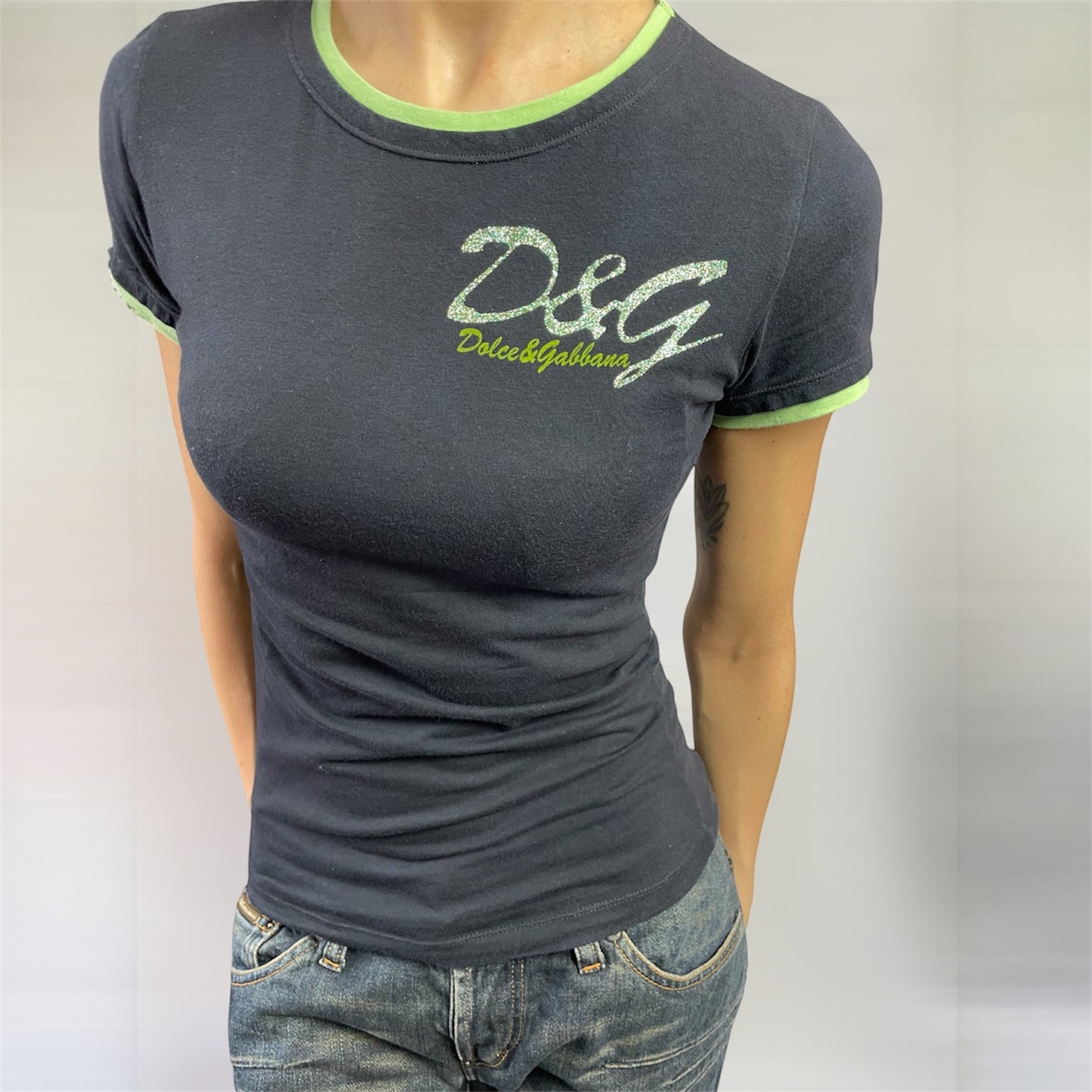 Y2K D&G by Dolce & Gabbana Black & Lime Trim Logo Tee | UK 6–8