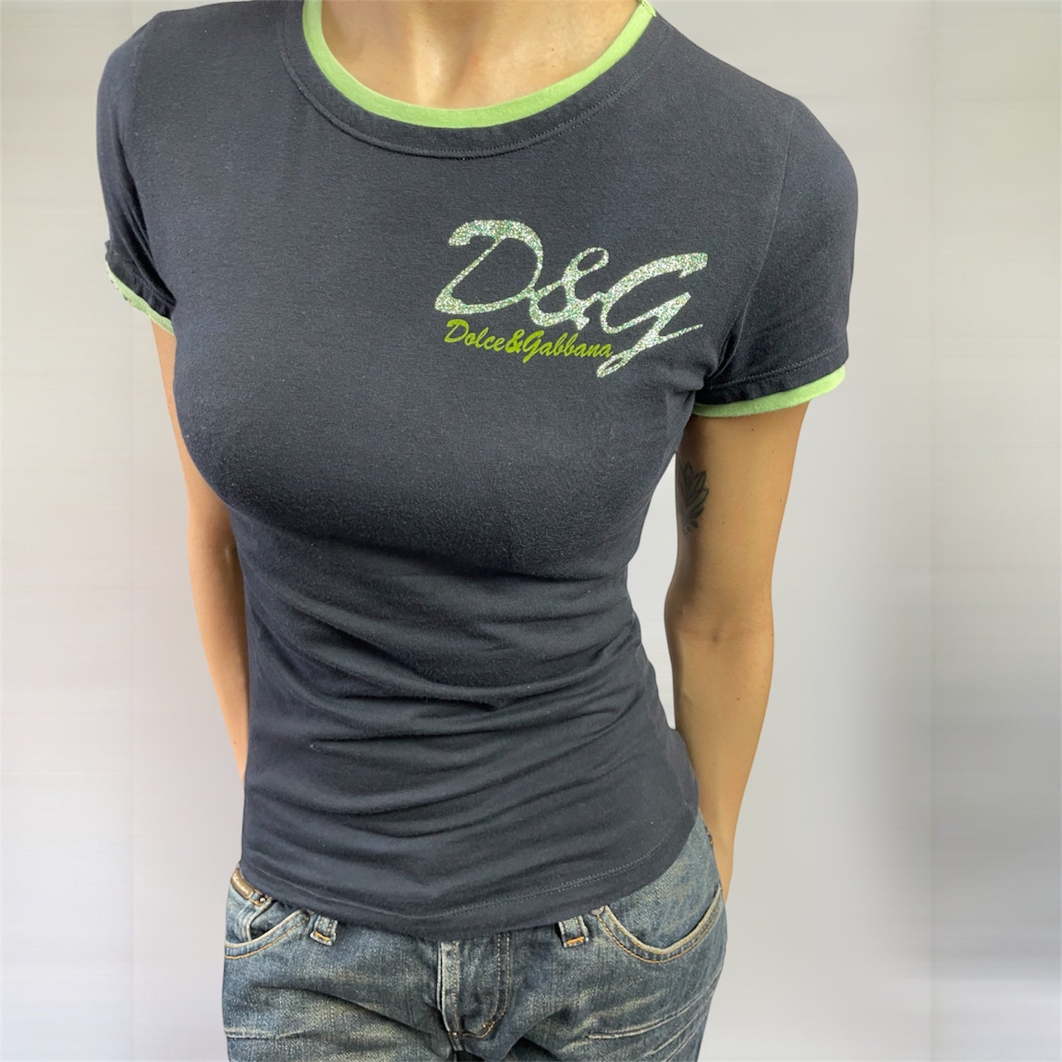 Y2K D&G by Dolce & Gabbana Black & Lime Trim Logo Tee | UK 6–8