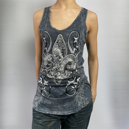 Y2K Vocal USA Rhinestone Fleur-de-Lis Acid Wash Tank | UK 8–10