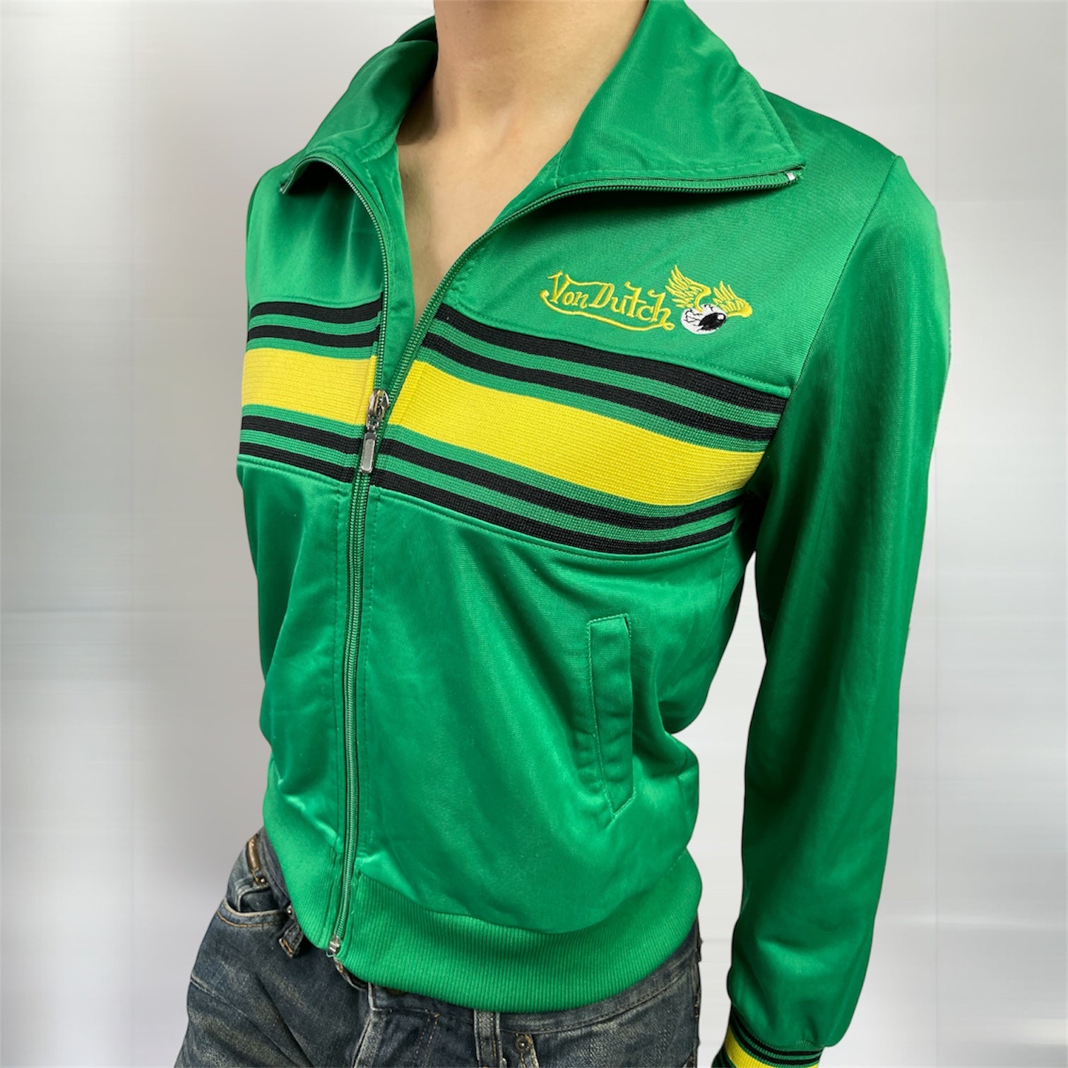 Rare Y2K Von Dutch Japan Green Track Jacket with Flying Eyeball Logo | Best Fit UK 6-8