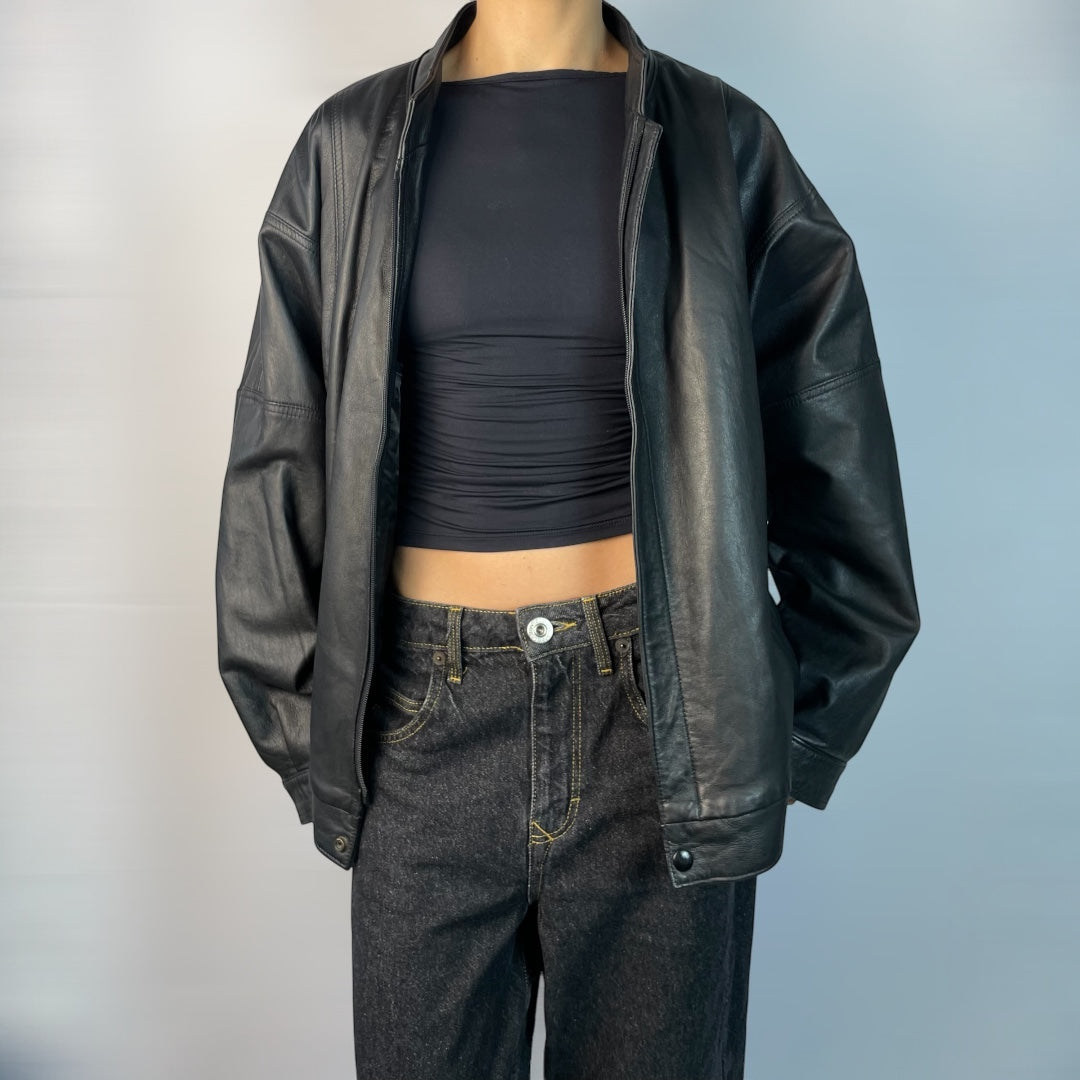 Vintage A&G Black Leather Bomber Jacket | Size L