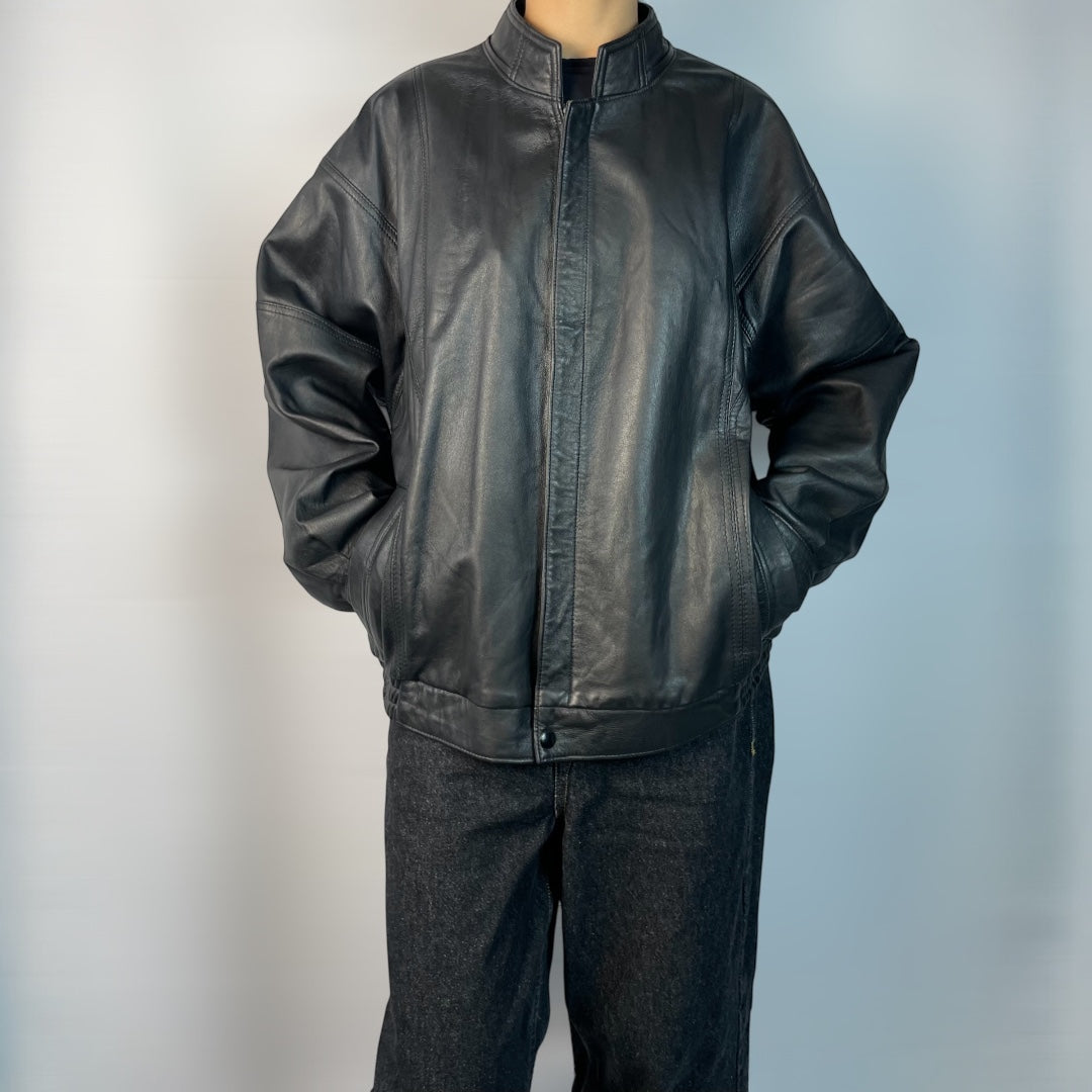 Vintage A&G Black Leather Bomber Jacket | Size L