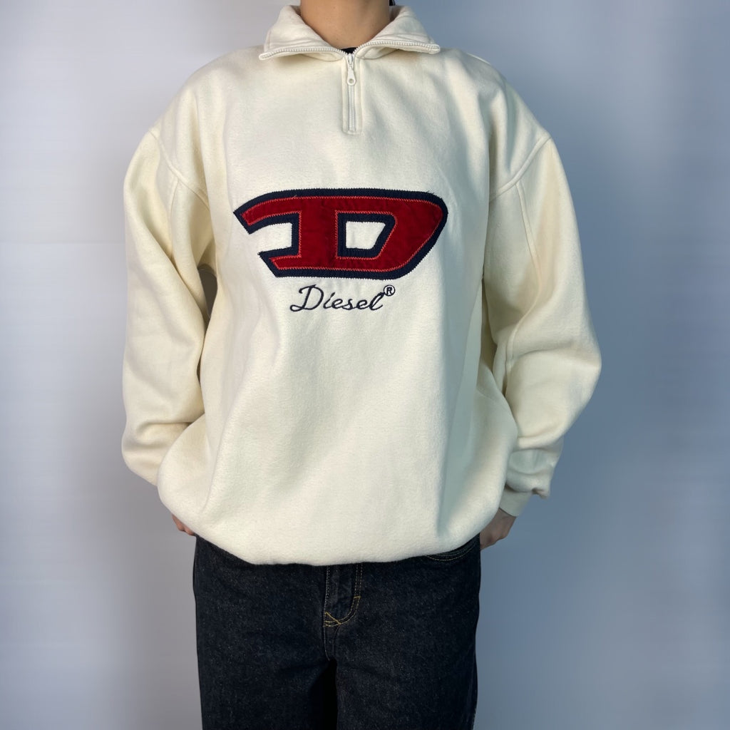 Vintage Diesel Cream Half-Zip Fleece with Red Logo | Men's XL