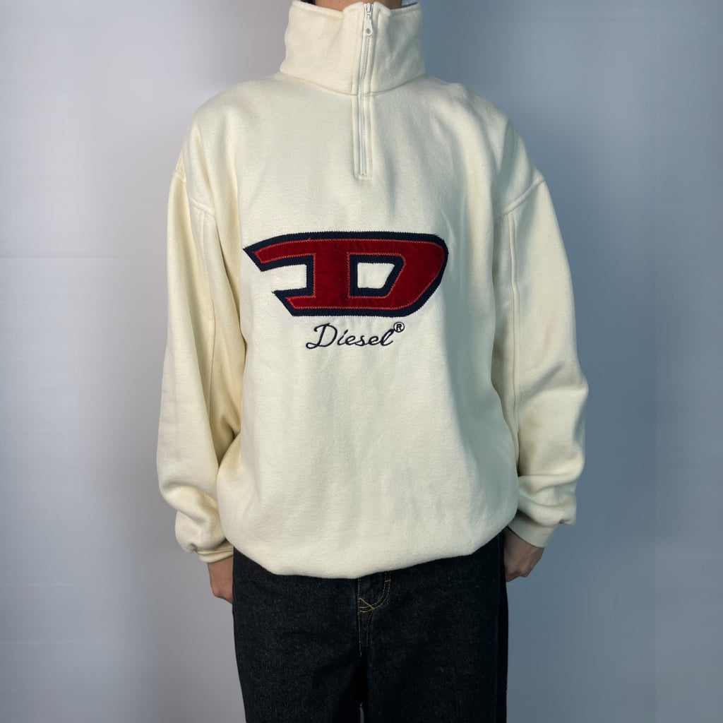 Vintage Diesel Cream Half-Zip Fleece with Red Logo | Men's XL
