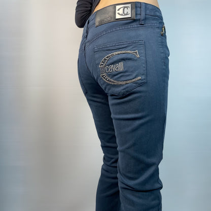 Just Cavalli Navy Rhinestone Logo Trousers (Made in Italy) | W30