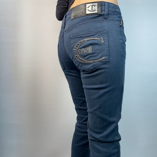 Just Cavalli Navy Rhinestone Logo Trousers (Made in Italy) | W30