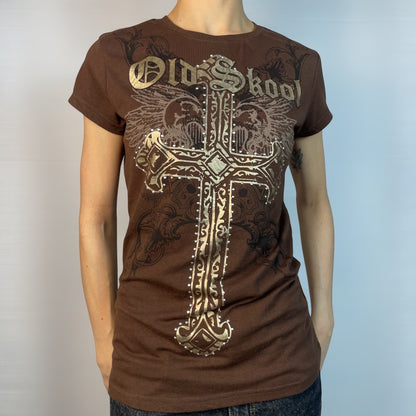 Vintage Y2K Old Skool Winged Cross Graphic Tee | Best Fit UK 10