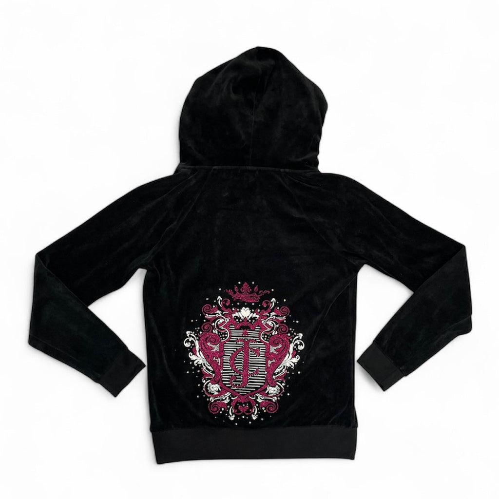 Rare Y2K Juicy Couture Black Velour Gothic Crest Zip Hoodie | Best Fit UK 8-10