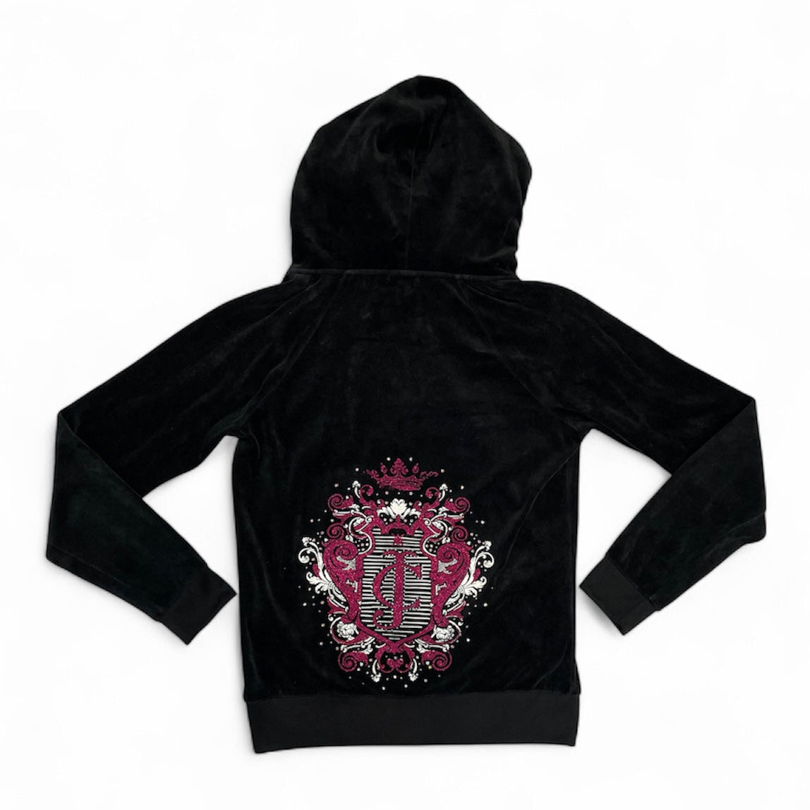 Rare Y2K Juicy Couture Black Velour Gothic Crest Zip Hoodie | Best Fit UK 8-10