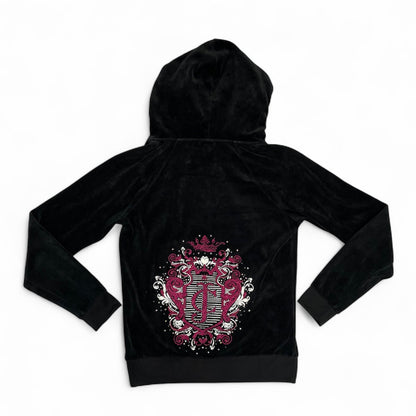 Rare Y2K Juicy Couture Black Velour Gothic Crest Zip Hoodie | Best Fit UK 8-10
