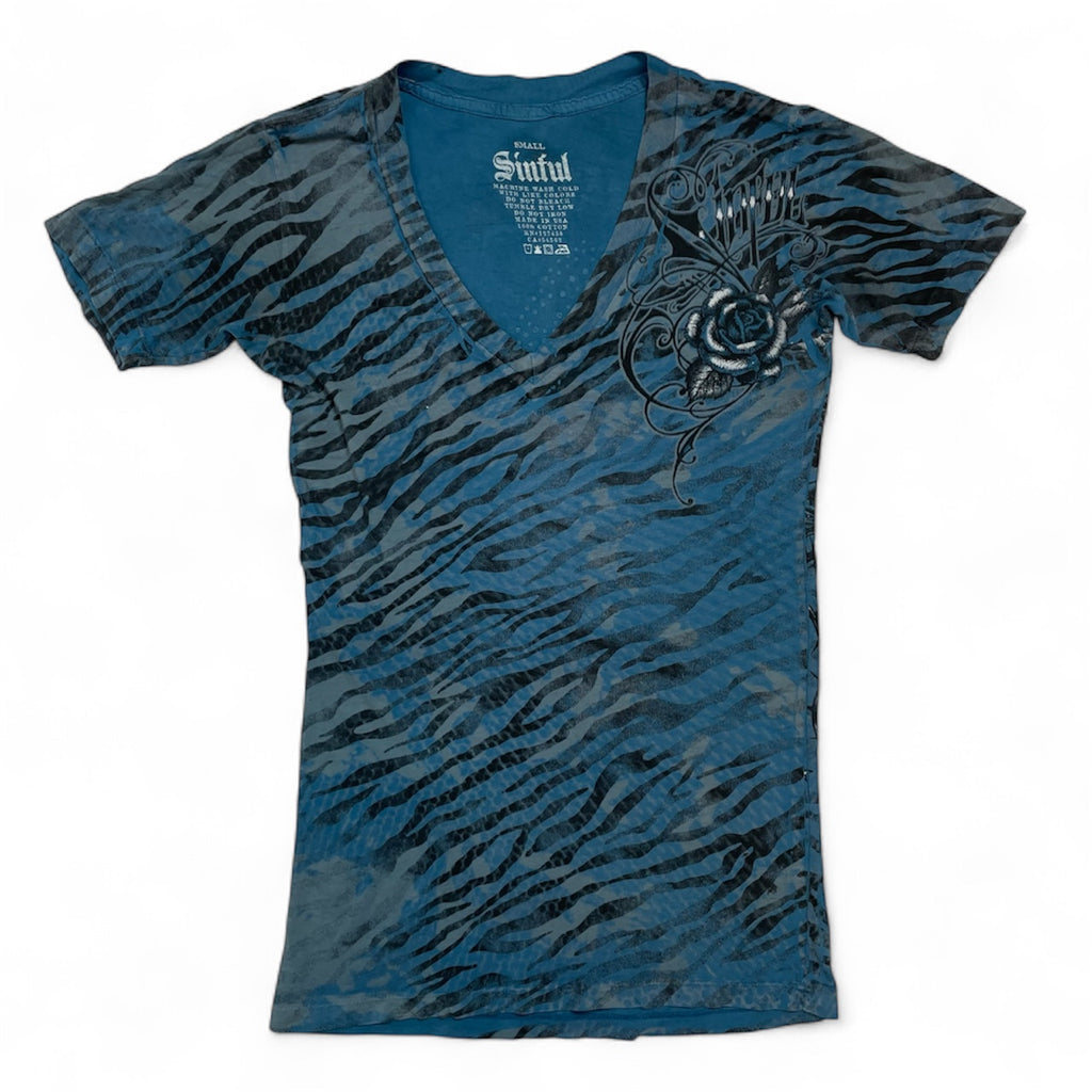 Rare Vintage Sinful by Affliction Rhinestone Cross Tee | Best Fit UK 8