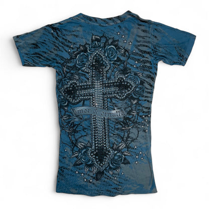 Rare Vintage Sinful by Affliction Rhinestone Cross Tee | Best Fit UK 8