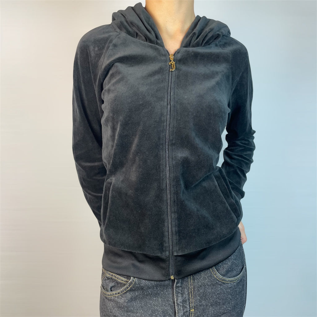 Rare Y2K Juicy Couture Black Velour Gothic Crest Zip Hoodie | Best Fit UK 8-10