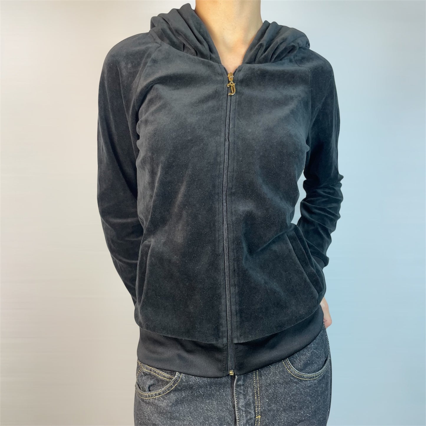 Rare Y2K Juicy Couture Black Velour Gothic Crest Zip Hoodie | Best Fit UK 8-10