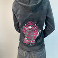 Rare Y2K Juicy Couture Black Velour Gothic Crest Zip Hoodie | Best Fit UK 8-10