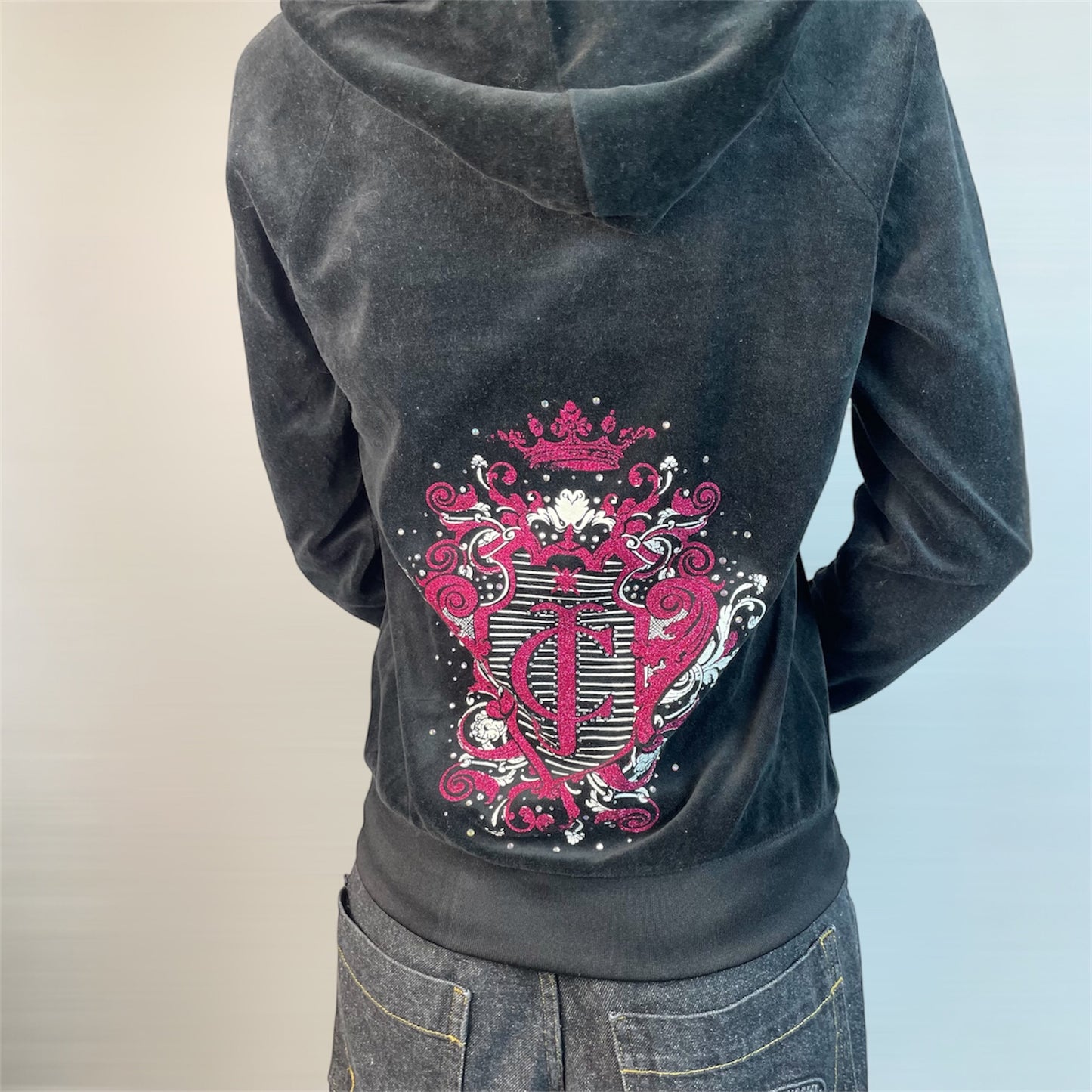 Rare Y2K Juicy Couture Black Velour Gothic Crest Zip Hoodie | Best Fit UK 8-10