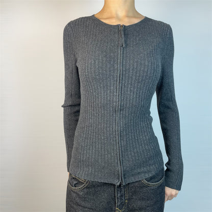 Vintage Express Charcoal Ribbed Zip-Up Knit Top | Best Fit UK 8
