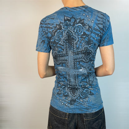 Rare Vintage Sinful by Affliction Rhinestone Cross Tee | Best Fit UK 8