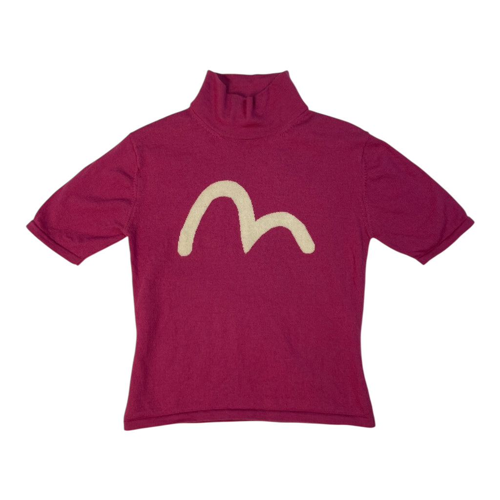 Rare Authentic Vintage Evisu Japan Pink Knit Turtleneck with Cream Logo | Best Fit UK 8