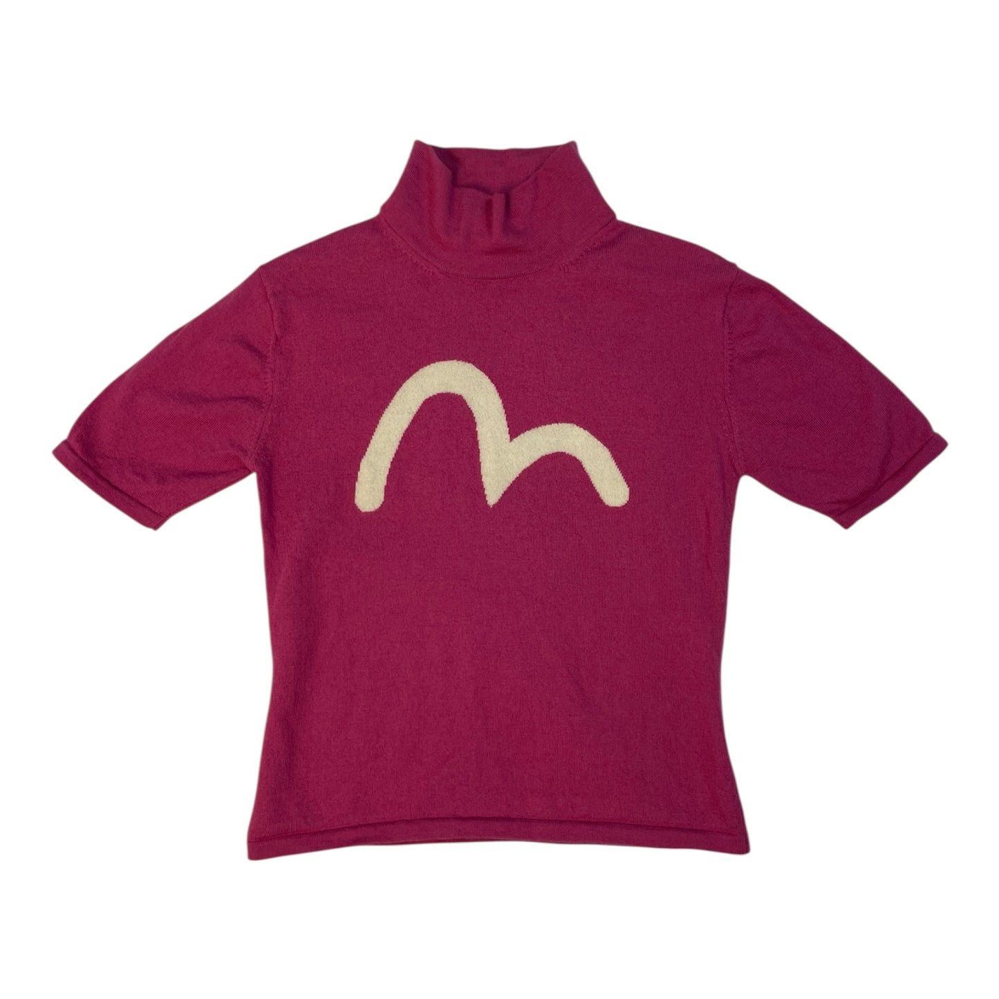 Rare Authentic Vintage Evisu Japan Pink Knit Turtleneck with Cream Logo | Best Fit UK 8