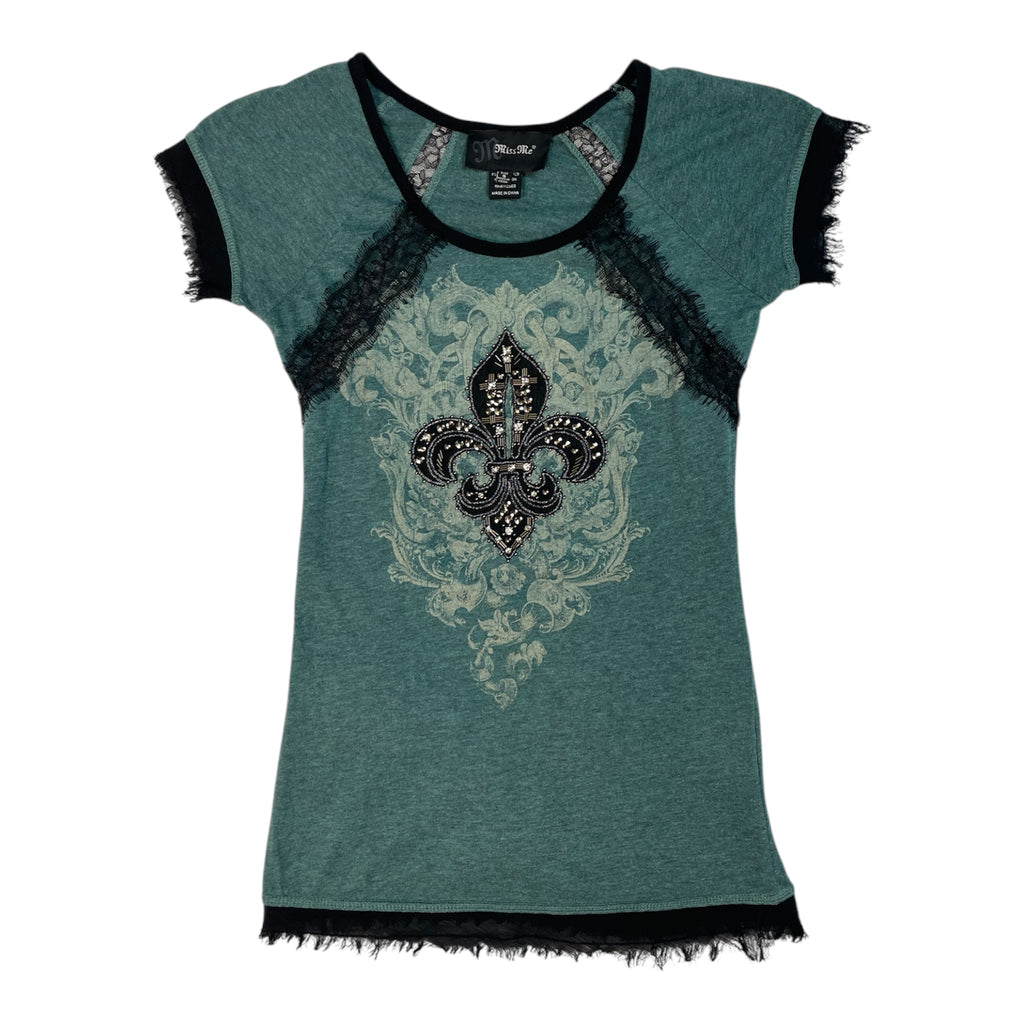 Authentic Miss Me Lace Trim Rhinestone Fleur-de-Lis Tee | Best Fit UK 8