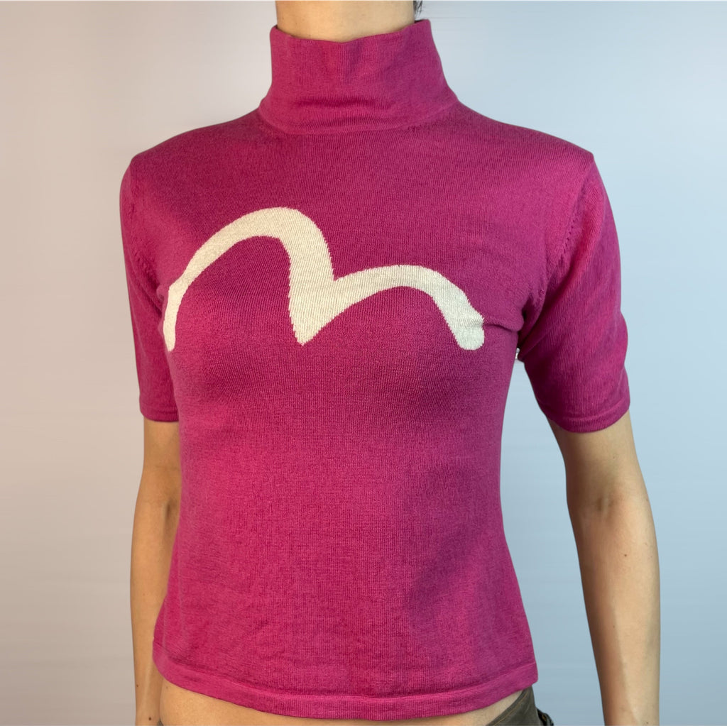 Rare Authentic Vintage Evisu Japan Pink Knit Turtleneck with Cream Logo | Best Fit UK 8