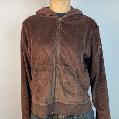 Authentic Y2K Juicy Couture USA Brown Velour Rhinestone Hoodie | Best Fit UK 10-12