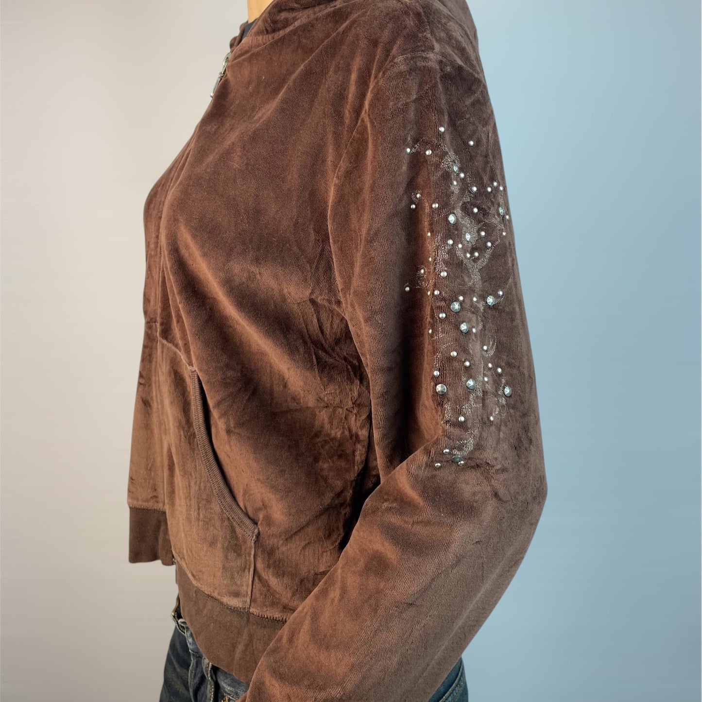 Authentic Y2K Juicy Couture USA Brown Velour Rhinestone Hoodie | Best Fit UK 10-12