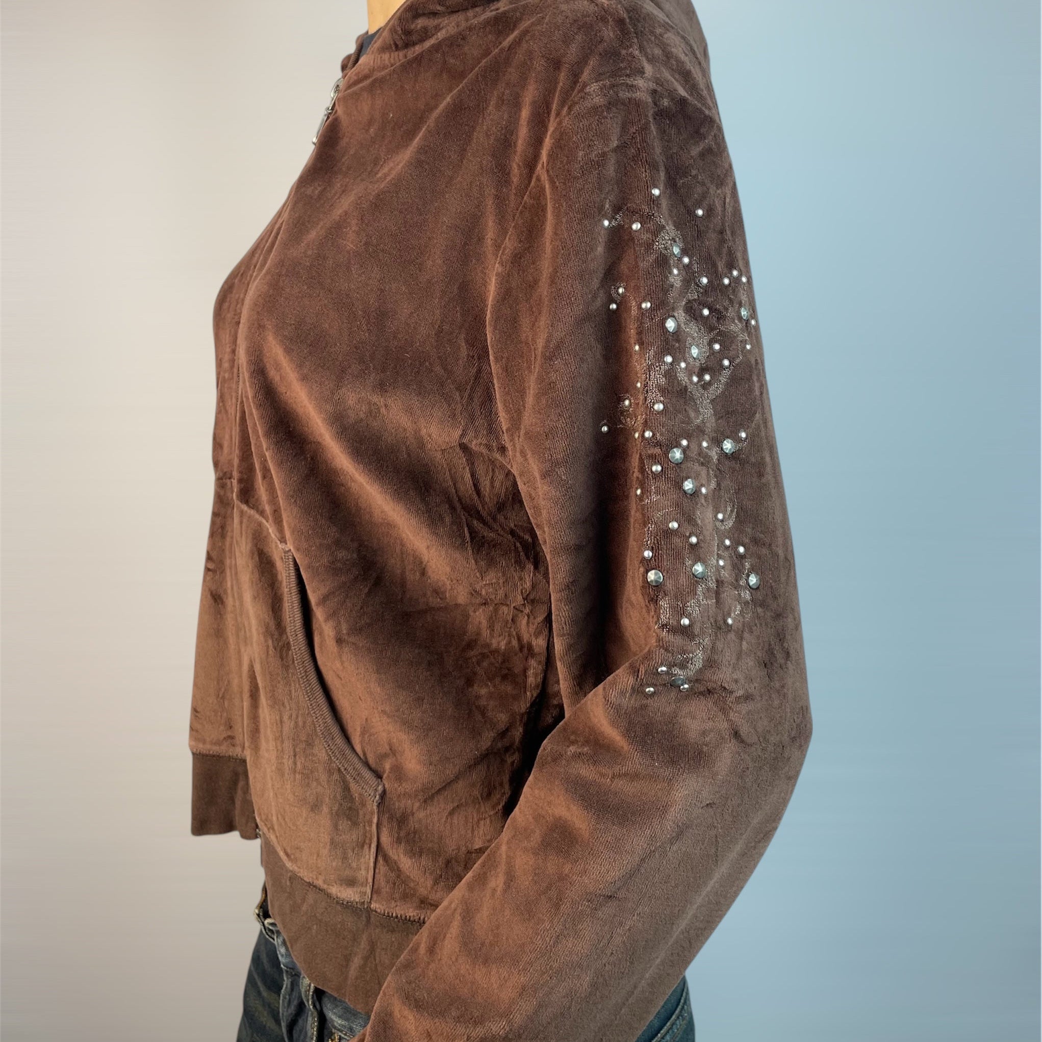 Authentic Y2K Juicy Couture USA Brown Velour Rhinestone Hoodie | Best Fit UK 10-12