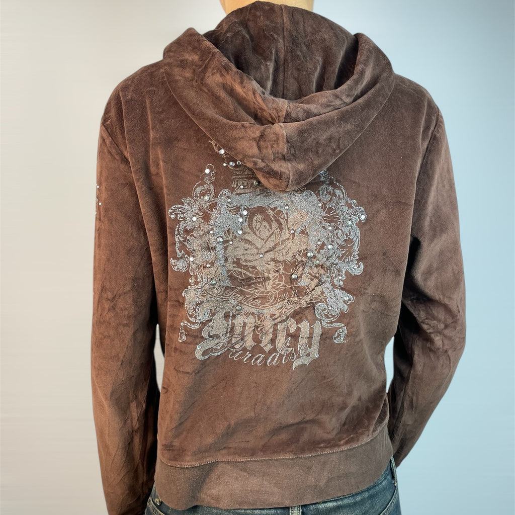 Authentic Y2K Juicy Couture USA Brown Velour Rhinestone Hoodie | Best Fit UK 10-12