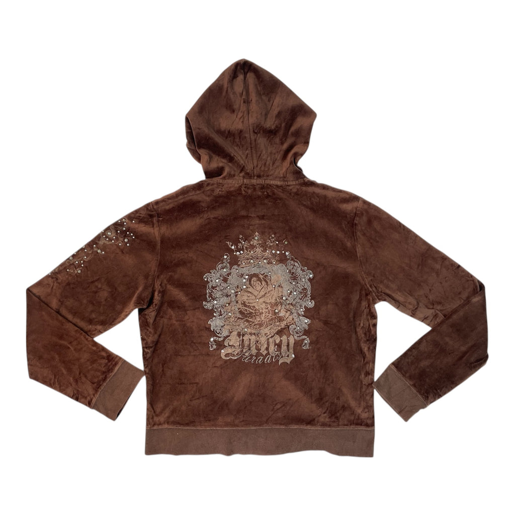 Authentic Y2K Juicy Couture USA Brown Velour Rhinestone Hoodie | Best Fit UK 10-12