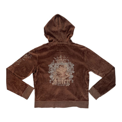 Authentic Y2K Juicy Couture USA Brown Velour Rhinestone Hoodie | Best Fit UK 10-12