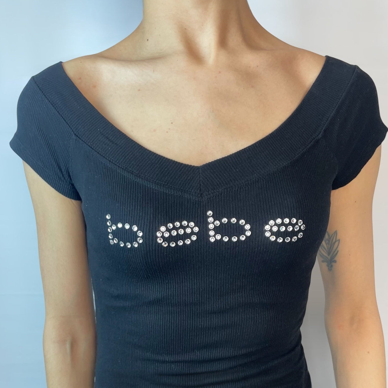 Vintage Y2K Bebe Rhinestone Off-Shoulder Top | Size S / UK 6-8